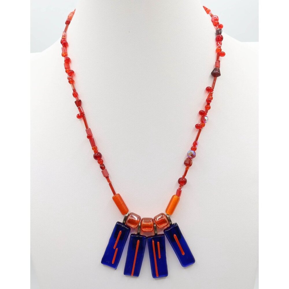 Vibrant Modernist Art Glass Beaded Pendant Charm Necklace Orange & Cobalt Blue